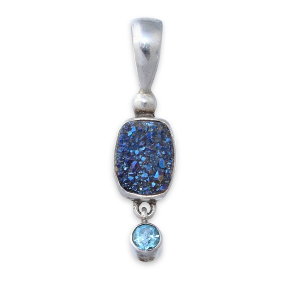 Sajen Druzy Quartz & Blue Topaz Sterling Silver Necklace Pendant Two Stone Drop - Picture 1 of 4